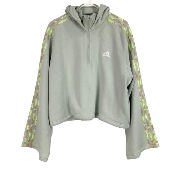 Adidas Cropped Hoodie Green Quarter Zip Logo Pullover Size XL Long Flare Sleeves - Picture 1 of 8